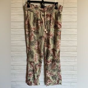 CALI 1850 Los Angeles Olive Green Tropical Print Drawstring Pants linen feel